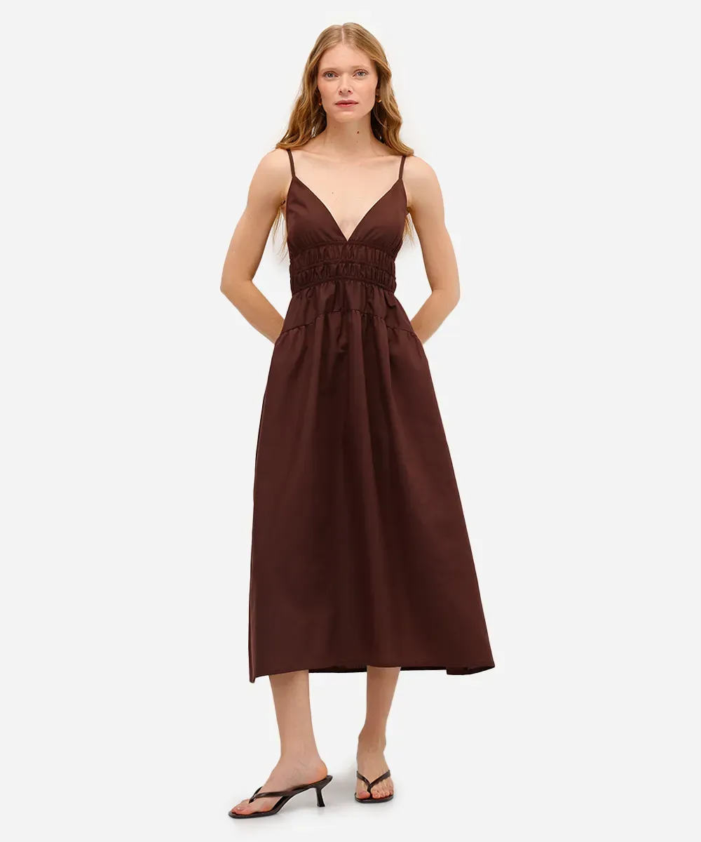 Vestido Midi Marrom Franzido com Alças Finas Feminino