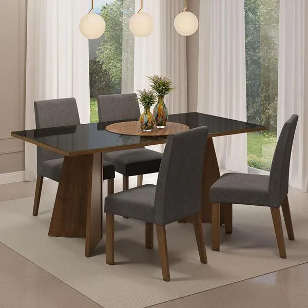 Conjunto Sala De Jantar Mesa Tampo De Vidro 4 Cadeiras Ru...