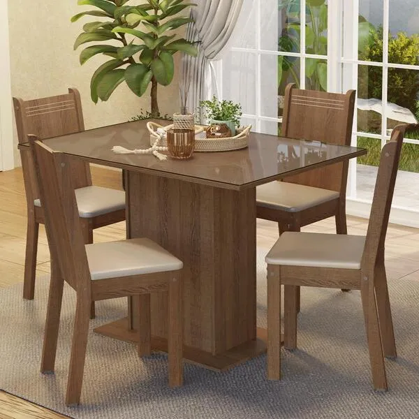 Conjunto Sala De Jantar Mesa Tampo De Vidro 4 Cadeiras Ru...