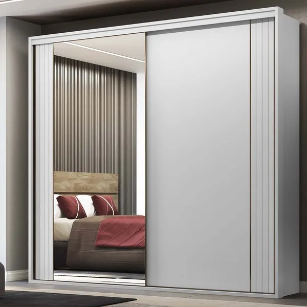 Guarda Roupa Casal 2 Portas Mdf Ripado Com Espelho Imperi...