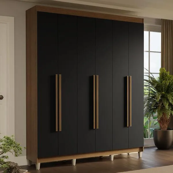 Guarda-roupa Casal Com Pés 6 Portas Batentes Rustic/preto...