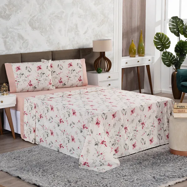 Jogo De Lençol King 4 Peças Estampado Urbe 200 Fios Flora...
