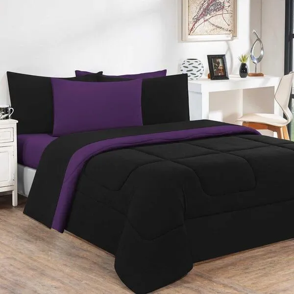 Kit Edredom + Jogo De Lençol 6pçscasal Preto Roxo