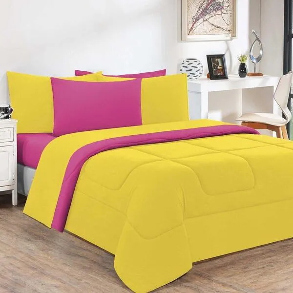 Kit Edredom + Jogo De Lençol 6pçsqueen Amarelo Pink