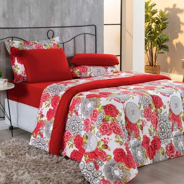 Kit Edredom + Jogo De Lençol 7 Peças Queen Floral Vermelho