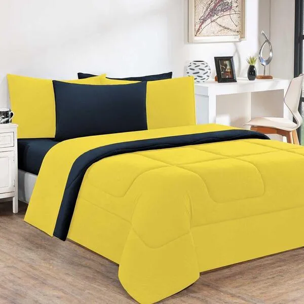 Kit Edredom + Jogo De Lençol 7pçs Casal Amarelo Azul Marinho