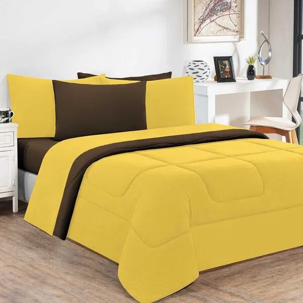 Kit Edredom + Jogo De Lençol Malha 7pçsking Amarelo/tabaco