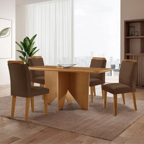 Mesa De Jantar Evora 120cm Mdf Canto Copo E Com 4 Cadeira...