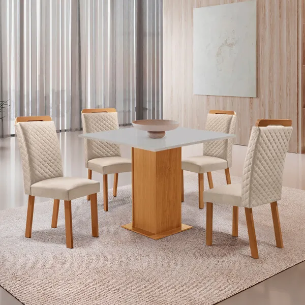Mesa De Jantar Loren 90cm Tampo Mdf Canto Reto Com 4 Cade...