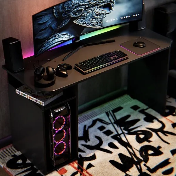 Mesa Escrivaninha Gamer Athenas Preto 115cm Com Nichos E ...