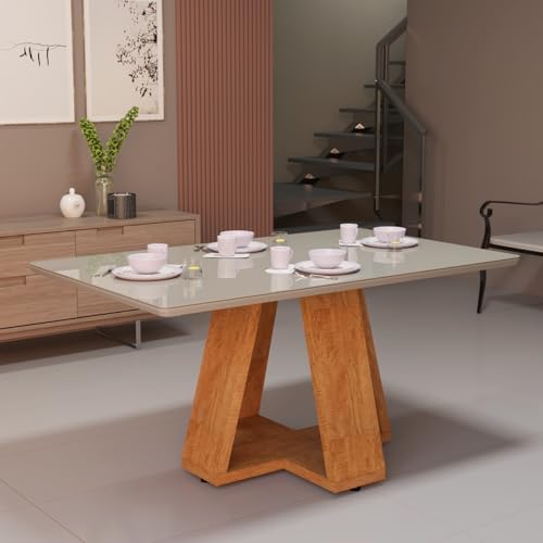 Mesa de Jantar Retangular Com Tampo de Vidro Sala de Esta...