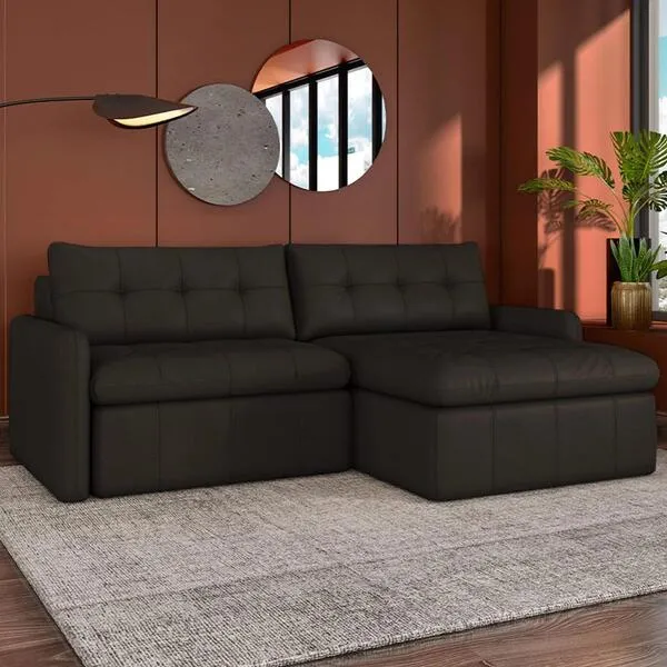 Sofá Retrátil 3 Lugares Para Sala 224cm Elios Couro Marro...