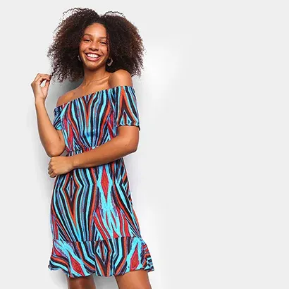 Vestido Água Viva Curto Ombro A Ombro Color Block - Feminino