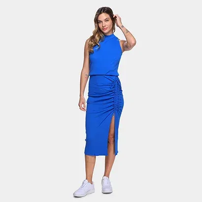 Vestido Midi Il Shin Canelado Fenda - Feminino