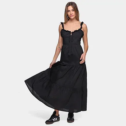 Vestido Oh, Boy! Evasê Longo Babado Alça - Feminino